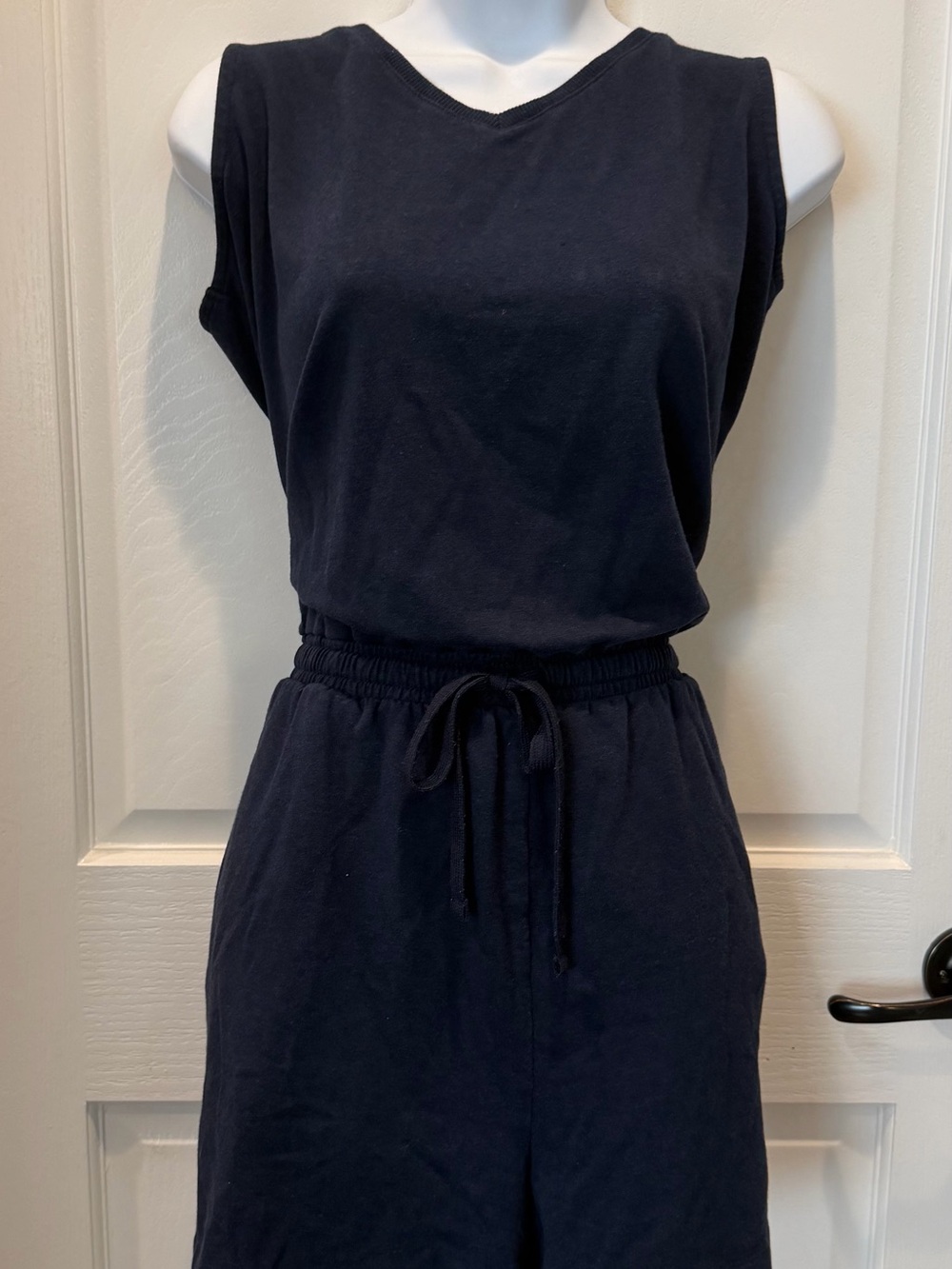 Women’s Navy Blue Sleeveless Romper with Drawstring Waist - Vneck Tank Jumpsuit